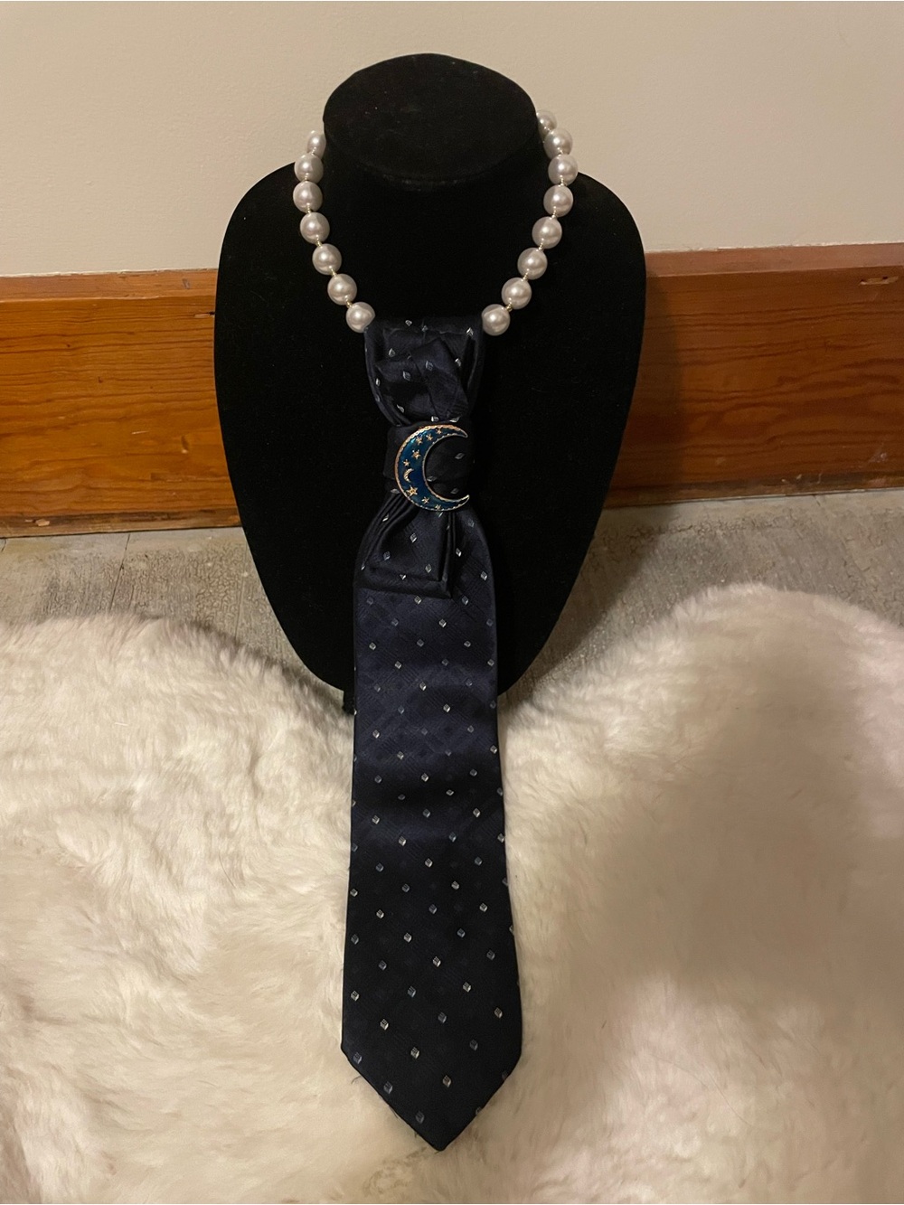 Pearl Beaded Navy Tie Pendant Necklace with Crescent Moon Accent